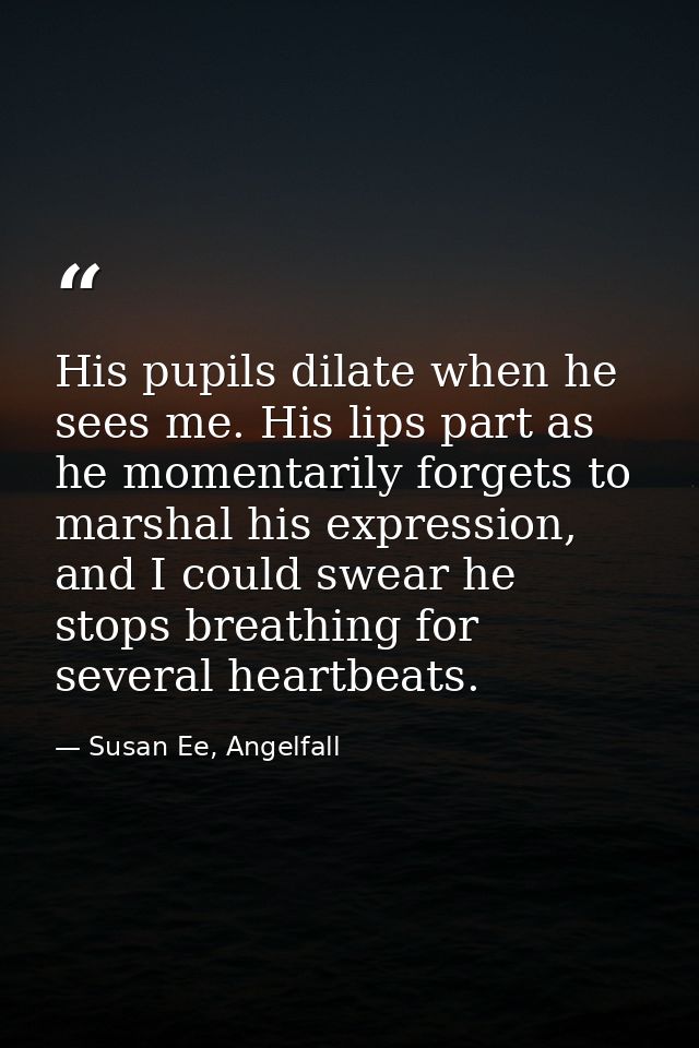 His pupils dilate when he sees me. His lips part as he momentarily forgets to marshal his expression, and I could swear  — Susan Ee, Angelfall