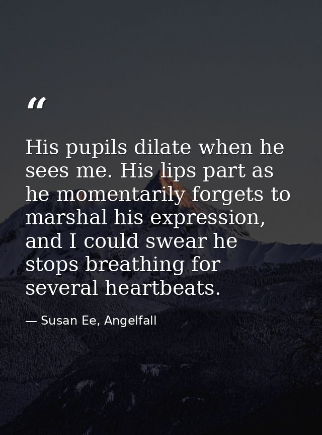 His pupils dilate when he sees me. His lips part as he momentarily forgets to marshal his expression, and I could swear  — Susan Ee, Angelfall