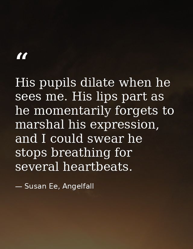 His pupils dilate when he sees me. His lips part as he momentarily forgets to marshal his expression, and I could swear  — Susan Ee, Angelfall