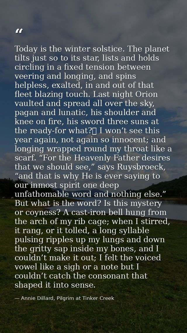 Today is the winter solstice. The planet tilts just so to its star, lists and holds circling in a fixed tension between  — Annie Dillard, Pilgrim at Tinker Creek