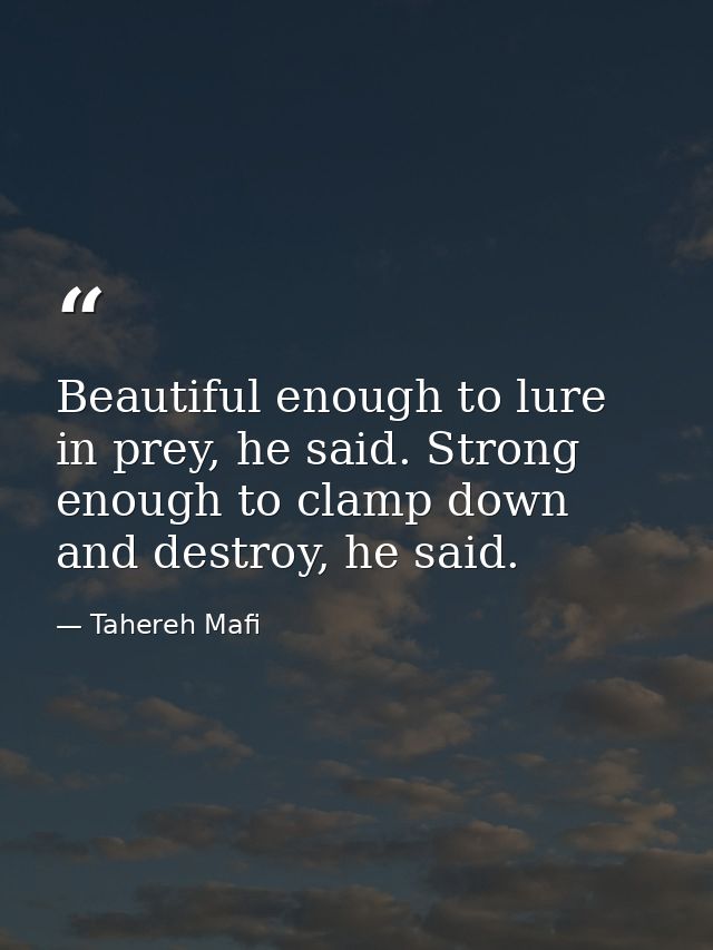 Beautiful enough to lure in prey, he said. Strong enough to clamp down and destroy, he said. — Tahereh Mafi