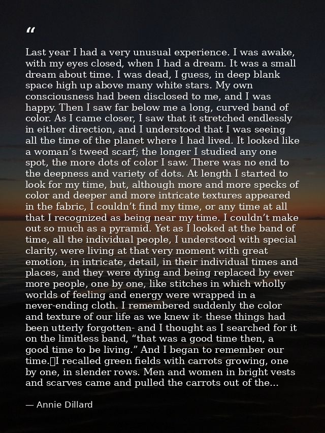 Last year I had a very unusual experience. I was awake, with my eyes closed, when I had a dream. It was a small dream ab — Annie Dillard
