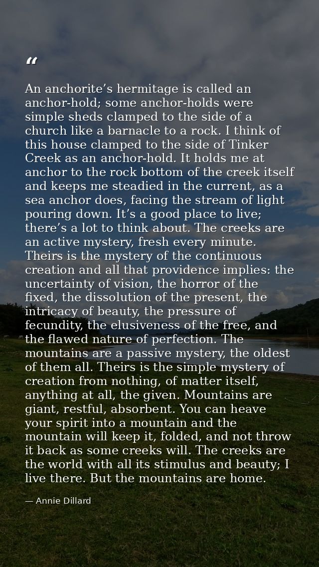 An anchorite’s hermitage is called an anchor-hold; some anchor-holds were simple sheds clamped to the side of a church l — Annie Dillard