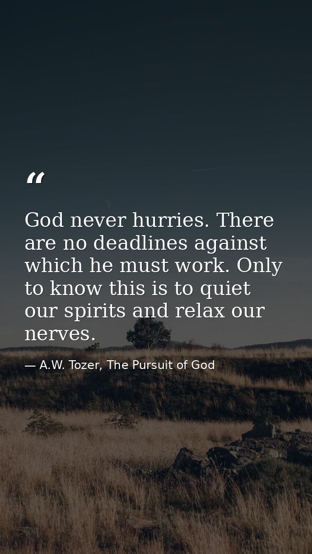 God never hurries. There are no deadlines against which he must work. Only to know this is to quiet our spirits and rela — A.W. Tozer, The Pursuit of God