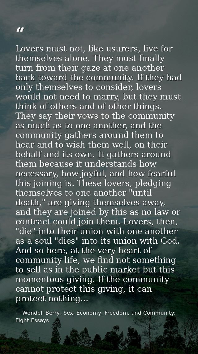 Lovers must not, like usurers, live for themselves alone. They must finally turn from their gaze at one another back tow — Wendell Berry, Sex, Economy, Freedom, and Community: Eight Essays