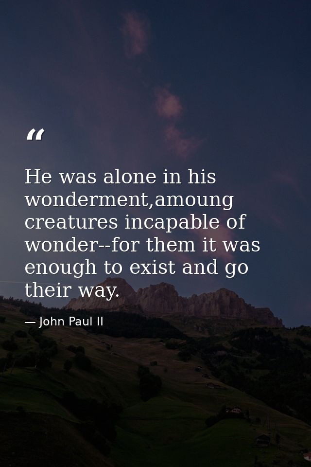 He was alone in his wonderment,amoung creatures incapable of wonder--for them it was enough to exist and go their way. — John Paul II