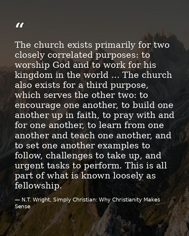 The church exists primarily for two closely correlated purposes: to worship God and to work for his kingdom in the world — N.T. Wright, Simply Christian: Why Christianity Makes Sense