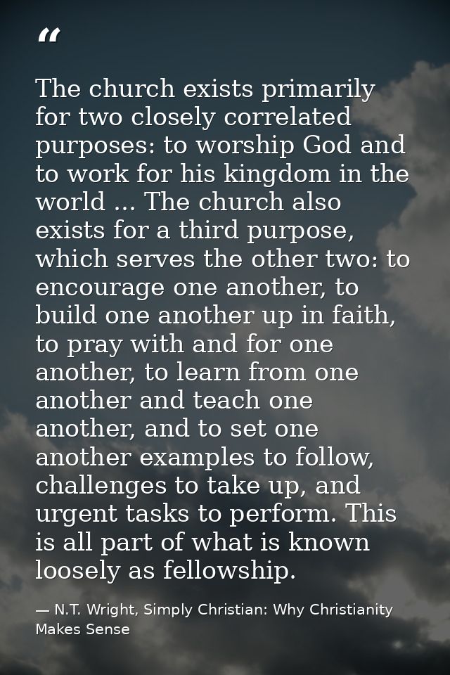 The church exists primarily for two closely correlated purposes: to worship God and to work for his kingdom in the world — N.T. Wright, Simply Christian: Why Christianity Makes Sense