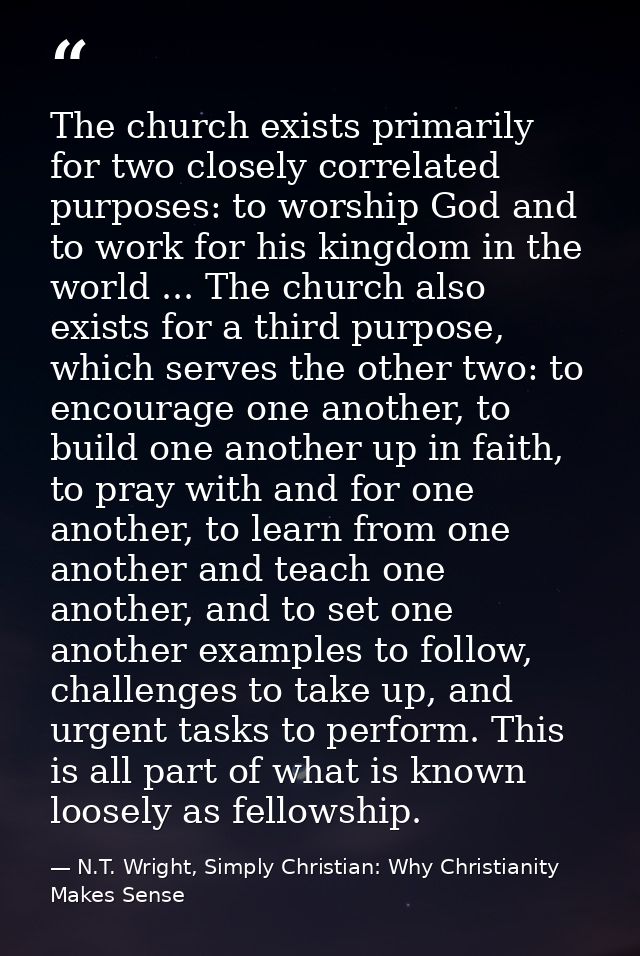 The church exists primarily for two closely correlated purposes: to worship God and to work for his kingdom in the world — N.T. Wright, Simply Christian: Why Christianity Makes Sense