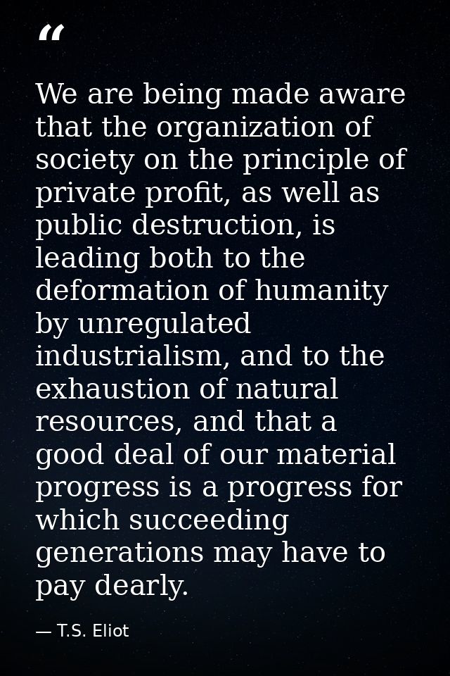 We are being made aware that the organization of society on the principle of private profit, as well as public destructi — T.S. Eliot