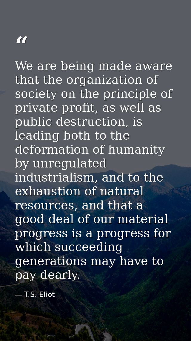 We are being made aware that the organization of society on the principle of private profit, as well as public destructi — T.S. Eliot