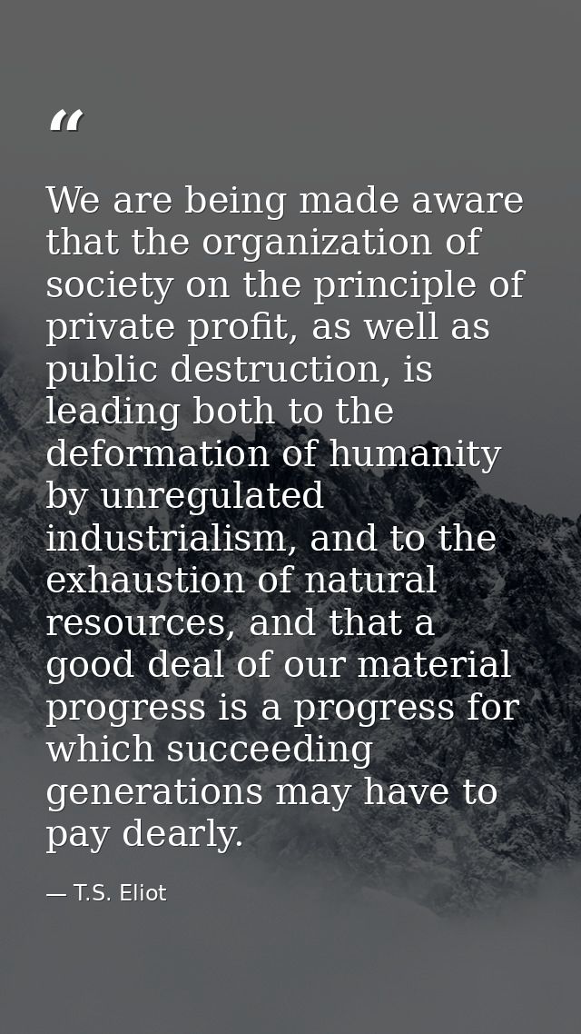 We are being made aware that the organization of society on the principle of private profit, as well as public destructi — T.S. Eliot
