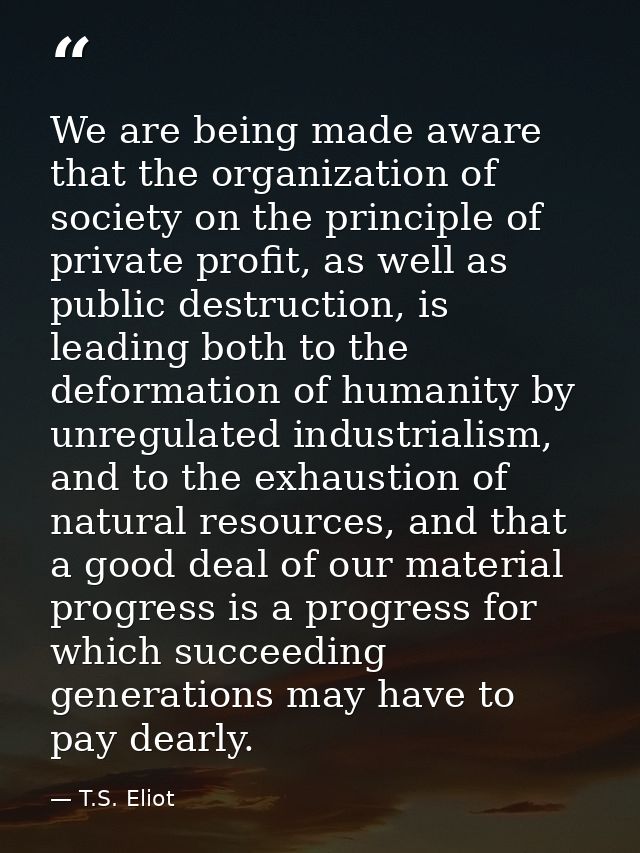 We are being made aware that the organization of society on the principle of private profit, as well as public destructi — T.S. Eliot