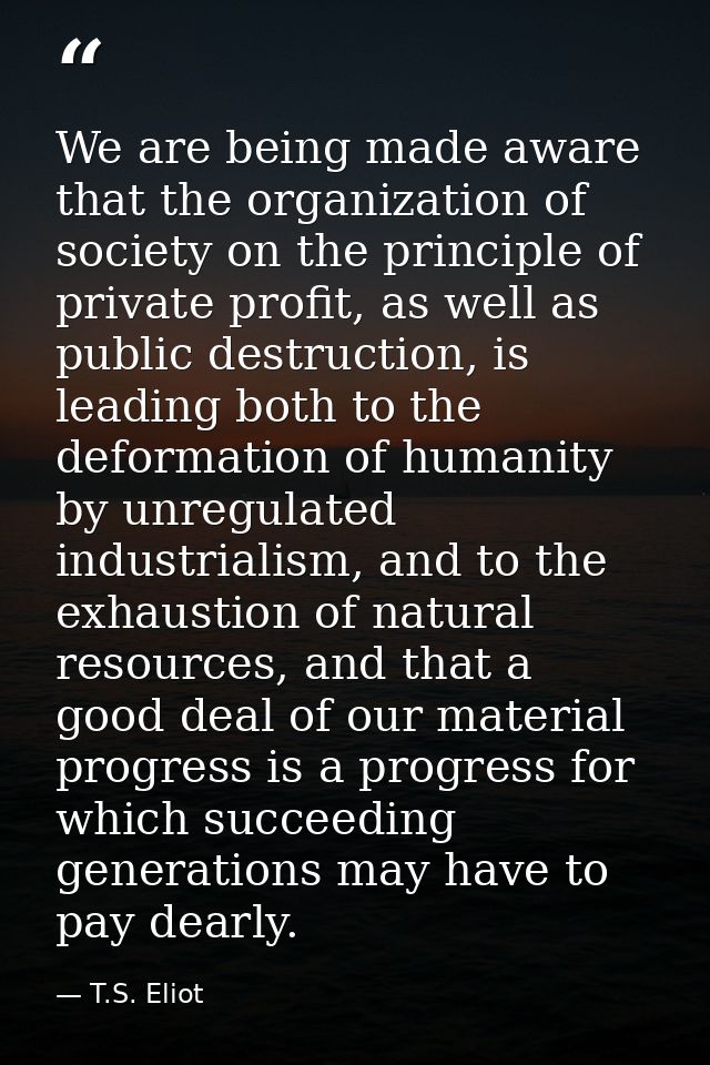 We are being made aware that the organization of society on the principle of private profit, as well as public destructi — T.S. Eliot
