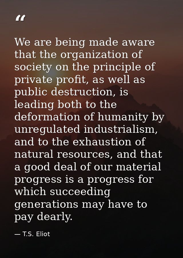 We are being made aware that the organization of society on the principle of private profit, as well as public destructi — T.S. Eliot