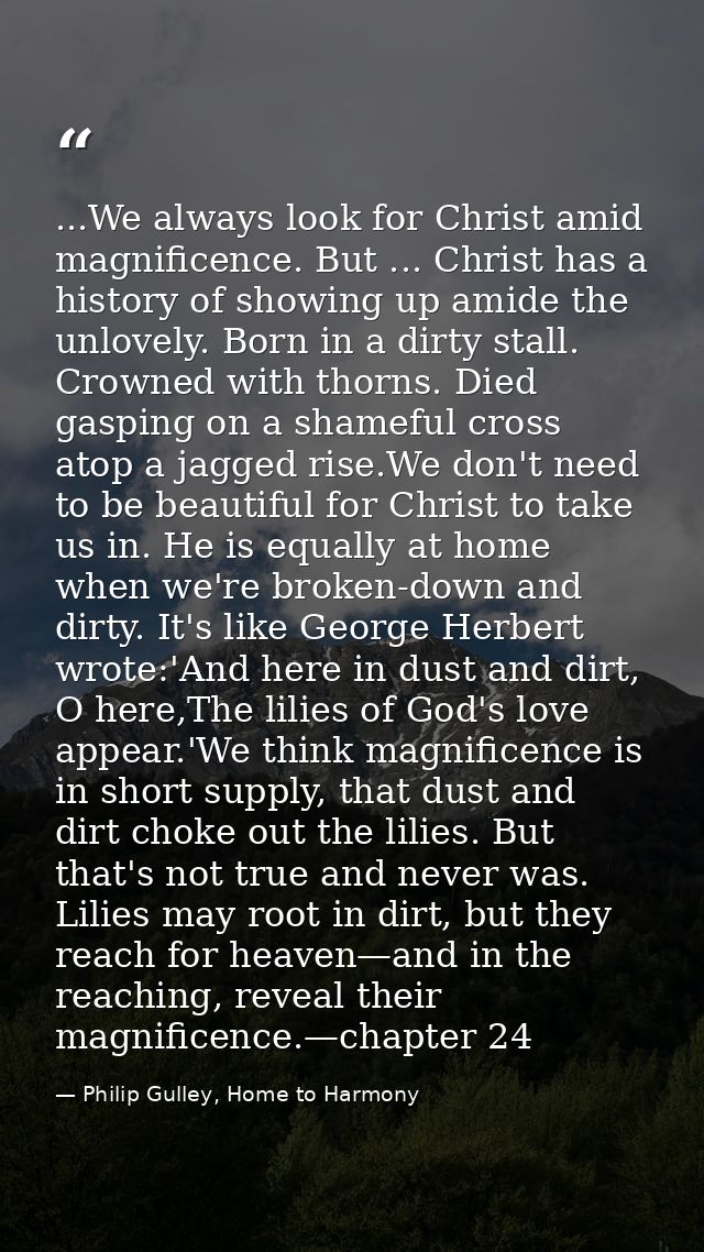 ...We always look for Christ amid magnificence. But ... Christ has a history of showing up amide the unlovely. Born in a — Philip Gulley, Home to Harmony