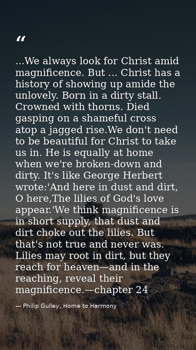 ...We always look for Christ amid magnificence. But ... Christ has a history of showing up amide the unlovely. Born in a — Philip Gulley, Home to Harmony