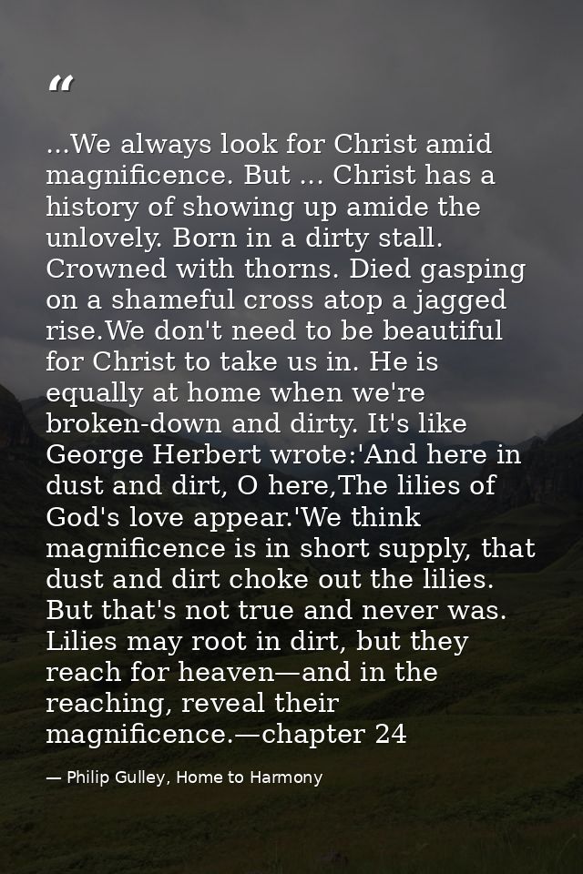 ...We always look for Christ amid magnificence. But ... Christ has a history of showing up amide the unlovely. Born in a — Philip Gulley, Home to Harmony
