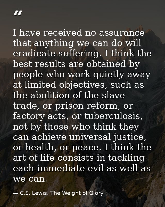 I have received no assurance that anything we can do will eradicate suffering. I think the best results are obtained by  — C.S. Lewis, The Weight of Glory