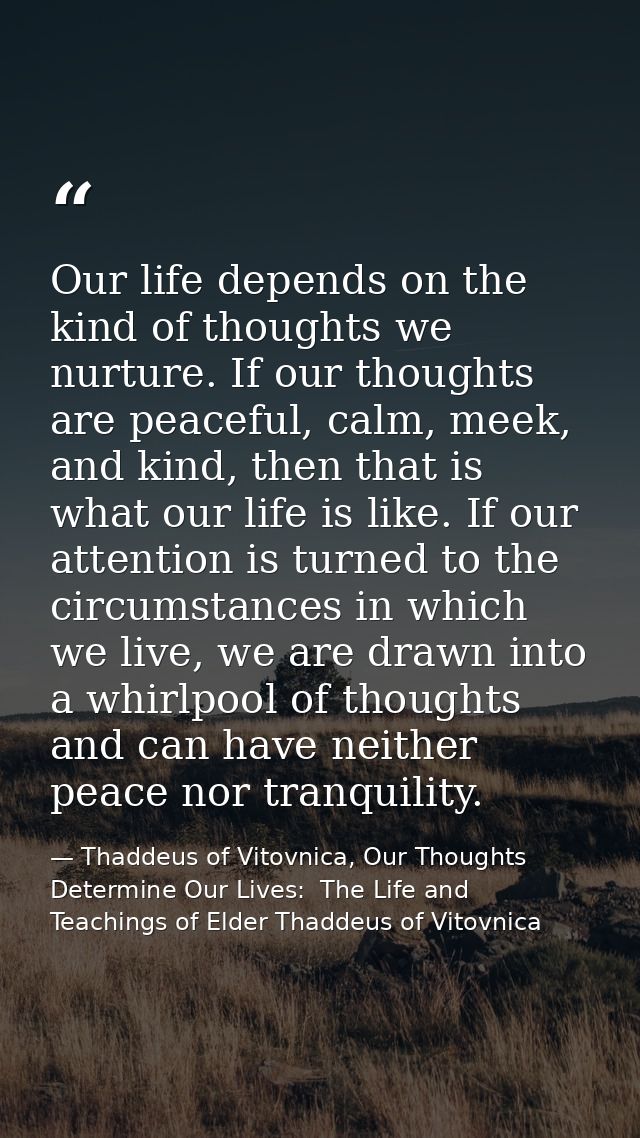 Our life depends on the kind of thoughts we nurture. If our thoughts are peaceful, calm, meek, and kind, then that is wh — Thaddeus of Vitovnica, Our Thoughts Determine Our Lives:  The Life and Teachings of Elder Thaddeus of Vitovnica