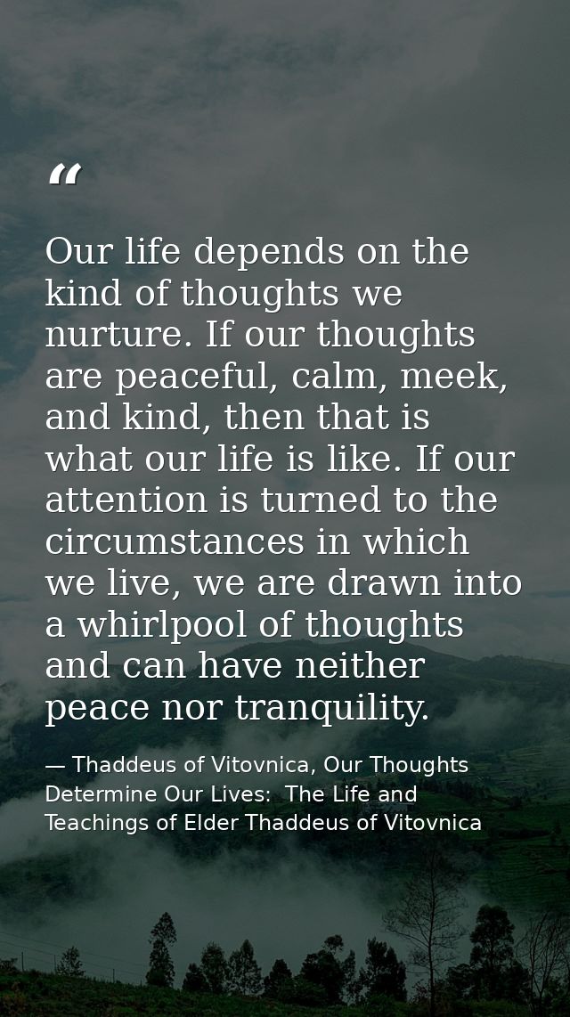 Our life depends on the kind of thoughts we nurture. If our thoughts are peaceful, calm, meek, and kind, then that is wh — Thaddeus of Vitovnica, Our Thoughts Determine Our Lives:  The Life and Teachings of Elder Thaddeus of Vitovnica