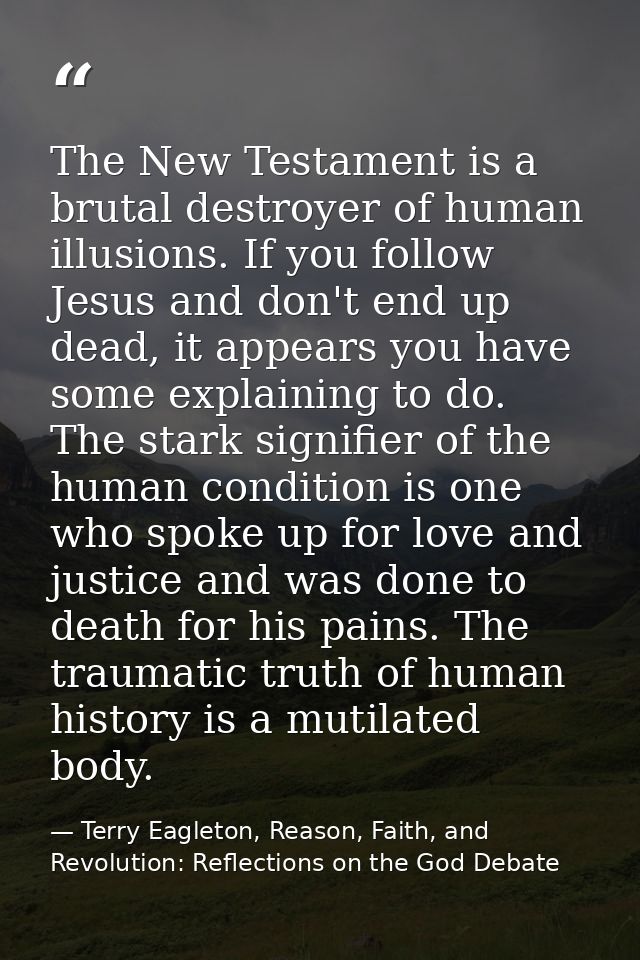 The New Testament is a brutal destroyer of human illusions. If you follow Jesus and don't end up dead, it appears you ha — Terry Eagleton, Reason, Faith, and Revolution: Reflections on the God Debate