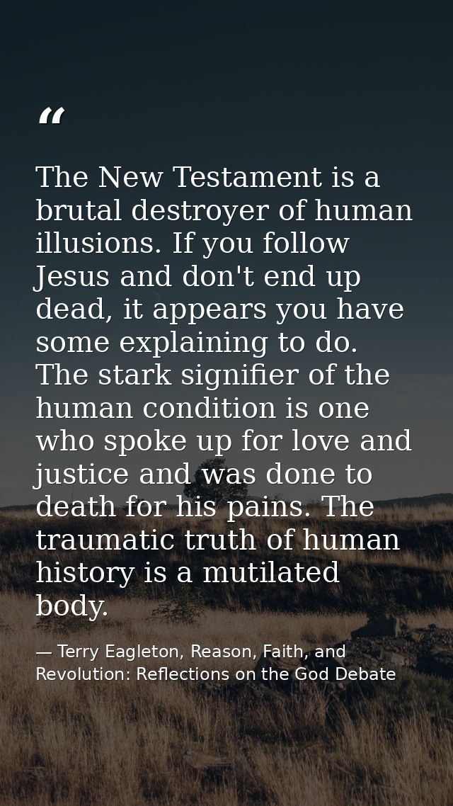 The New Testament is a brutal destroyer of human illusions. If you follow Jesus and don't end up dead, it appears you ha — Terry Eagleton, Reason, Faith, and Revolution: Reflections on the God Debate