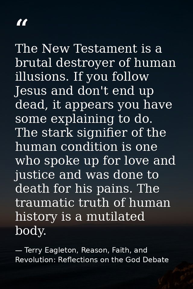 The New Testament is a brutal destroyer of human illusions. If you follow Jesus and don't end up dead, it appears you ha — Terry Eagleton, Reason, Faith, and Revolution: Reflections on the God Debate