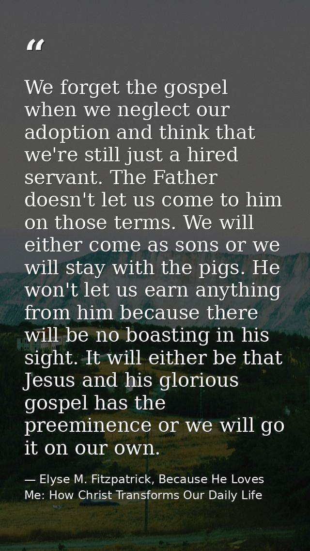 We forget the gospel when we neglect our adoption and think that we're still just a hired servant. The Father doesn't le — Elyse M. Fitzpatrick, Because He Loves Me: How Christ Transforms Our Daily Life