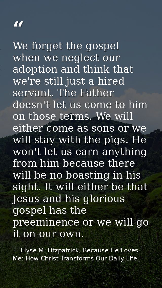 We forget the gospel when we neglect our adoption and think that we're still just a hired servant. The Father doesn't le — Elyse M. Fitzpatrick, Because He Loves Me: How Christ Transforms Our Daily Life