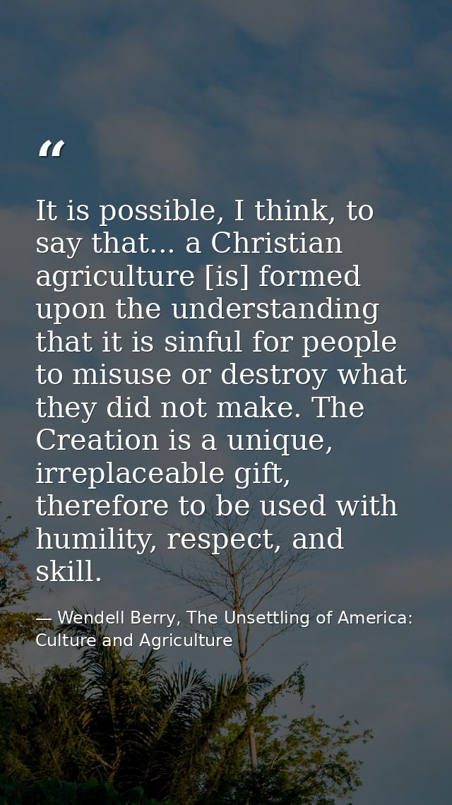 It is possible, I think, to say that... a Christian agriculture [is] formed upon the understanding that it is sinful for — Wendell Berry, The Unsettling of America: Culture and Agriculture