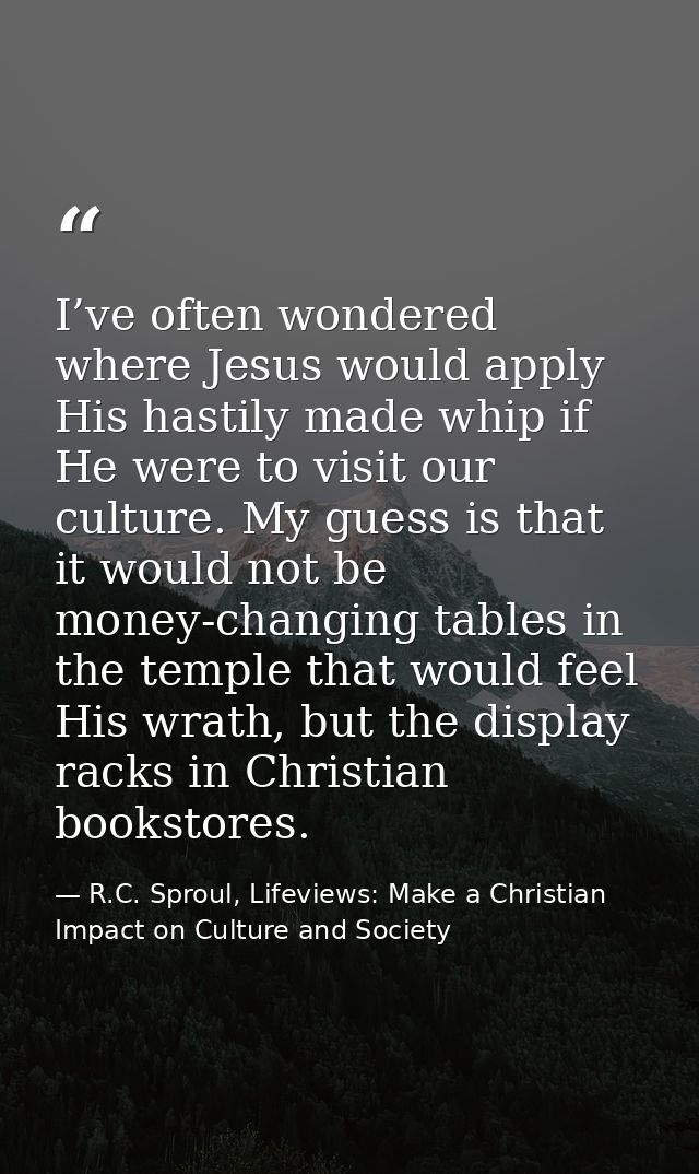 I’ve often wondered where Jesus would apply His hastily made whip if He were to visit our culture. My guess is that it w — R.C. Sproul, Lifeviews: Make a Christian Impact on Culture and Society