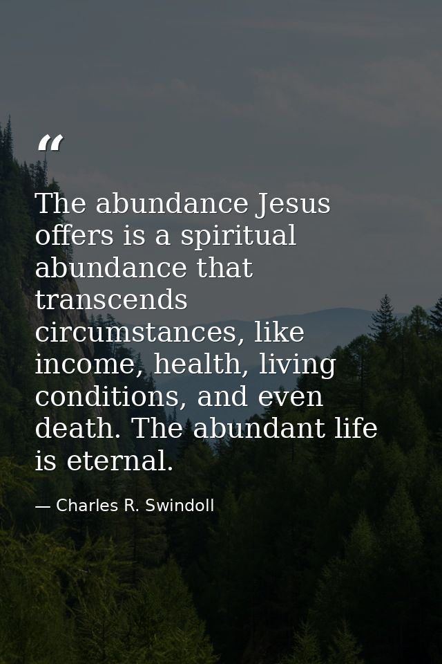 The abundance Jesus offers is a spiritual abundance that transcends circumstances, like income, health, living condition — Charles R. Swindoll