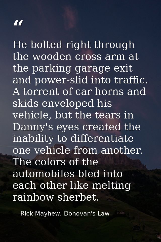He bolted right through the wooden cross arm at the parking garage exit and power-slid into traffic. A torrent of car ho — Rick Mayhew, Donovan's Law