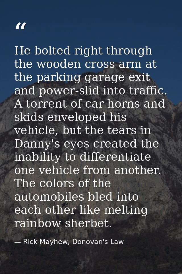 He bolted right through the wooden cross arm at the parking garage exit and power-slid into traffic. A torrent of car ho — Rick Mayhew, Donovan's Law