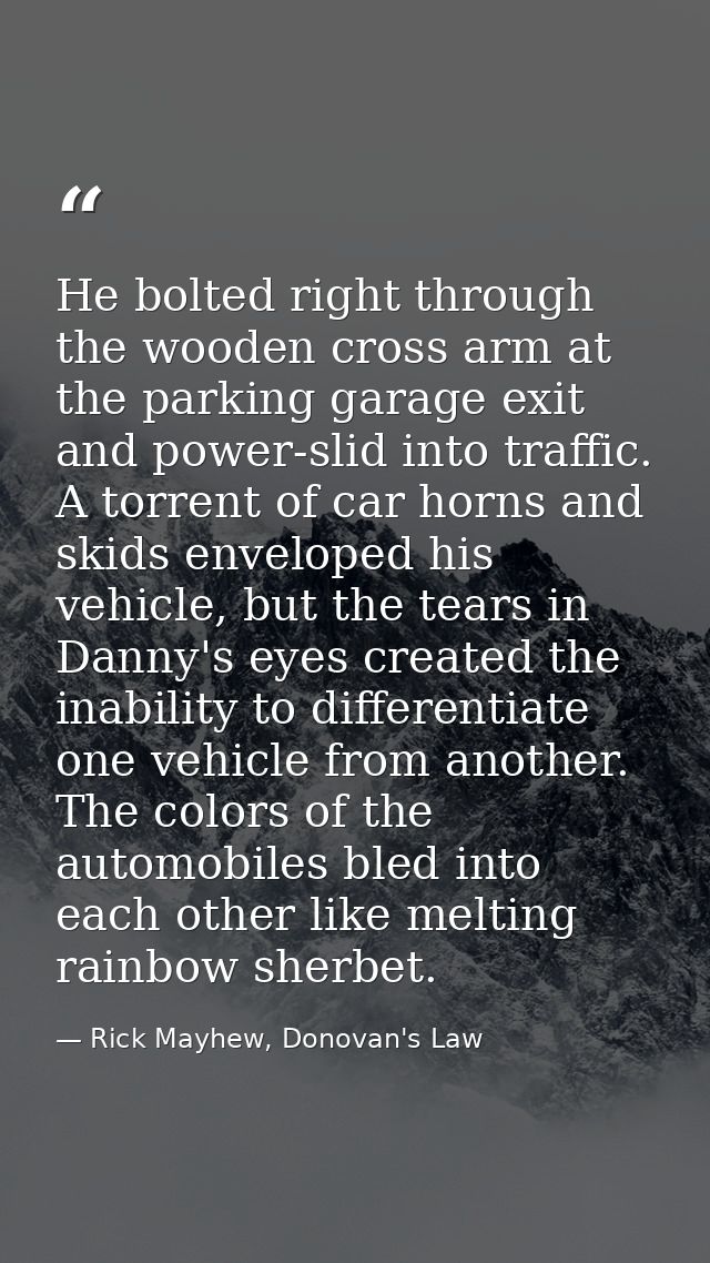 He bolted right through the wooden cross arm at the parking garage exit and power-slid into traffic. A torrent of car ho — Rick Mayhew, Donovan's Law
