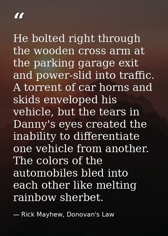 He bolted right through the wooden cross arm at the parking garage exit and power-slid into traffic. A torrent of car ho — Rick Mayhew, Donovan's Law