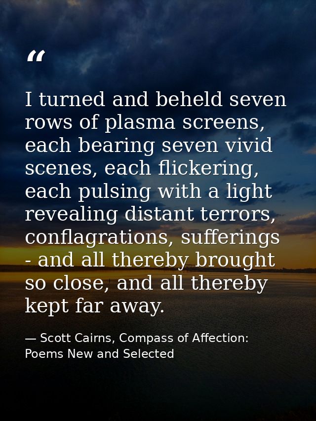 I turned and beheld seven rows of plasma screens, each bearing seven vivid scenes, each flickering, each pulsing with a  — Scott Cairns, Compass of Affection: Poems New and Selected