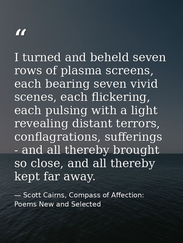 I turned and beheld seven rows of plasma screens, each bearing seven vivid scenes, each flickering, each pulsing with a  — Scott Cairns, Compass of Affection: Poems New and Selected