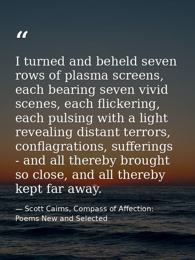 I turned and beheld seven rows of plasma screens, each bearing seven vivid scenes, each flickering, each pulsing with a  — Scott Cairns, Compass of Affection: Poems New and Selected