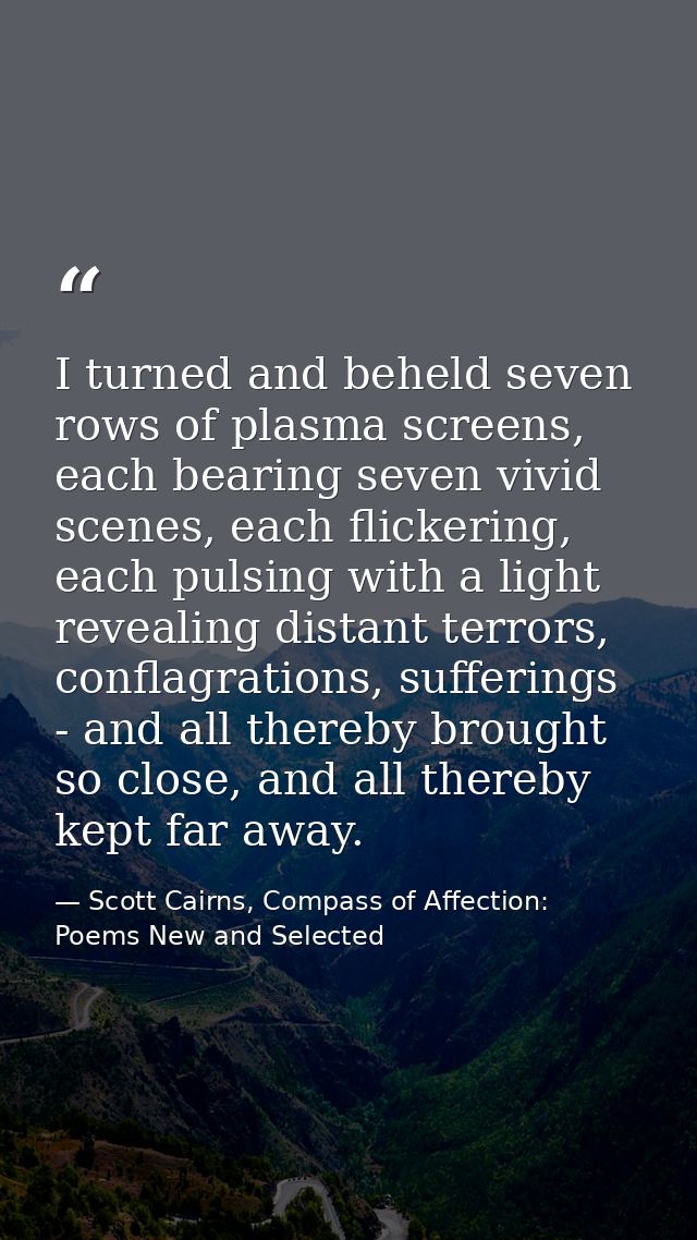 I turned and beheld seven rows of plasma screens, each bearing seven vivid scenes, each flickering, each pulsing with a  — Scott Cairns, Compass of Affection: Poems New and Selected