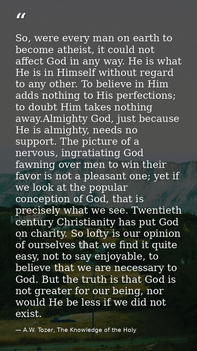 So, were every man on earth to become atheist, it could not affect God in any way. He is what He is in Himself without r — A.W. Tozer, The Knowledge of the Holy