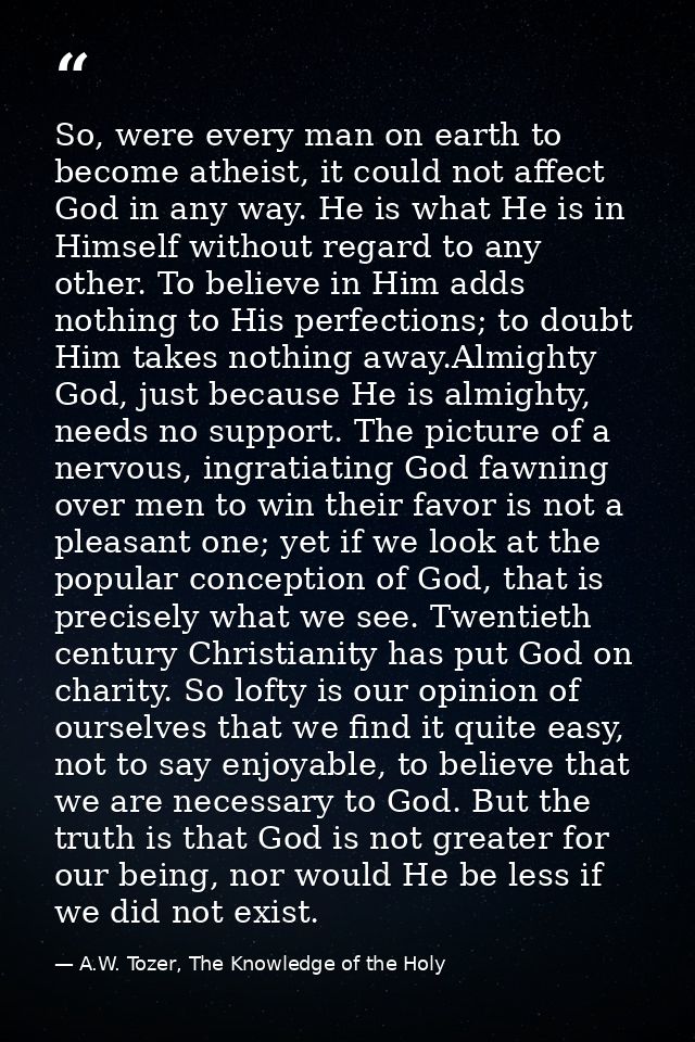 So, were every man on earth to become atheist, it could not affect God in any way. He is what He is in Himself without r — A.W. Tozer, The Knowledge of the Holy
