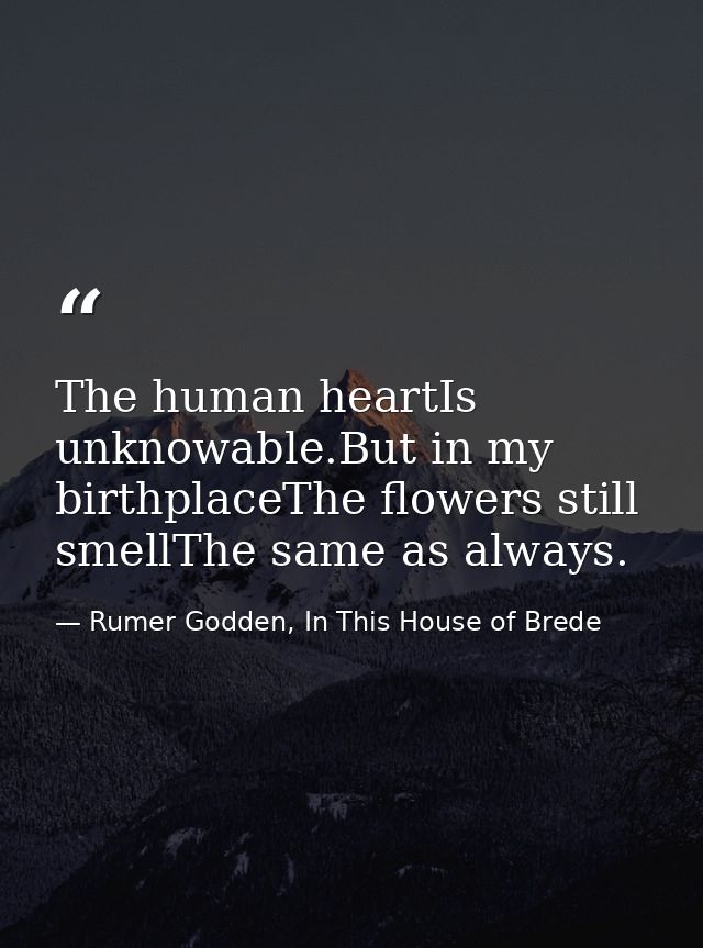 The human heartIs unknowable.But in my birthplaceThe flowers still smellThe same as always. — Rumer Godden, In This House of Brede