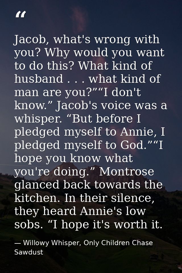 Jacob, what's wrong with you? Why would you want to do this? What kind of husband . . . what kind of man are you?”“I don — Willowy Whisper, Only Children Chase Sawdust