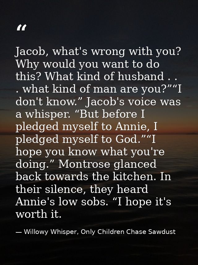 Jacob, what's wrong with you? Why would you want to do this? What kind of husband . . . what kind of man are you?”“I don — Willowy Whisper, Only Children Chase Sawdust
