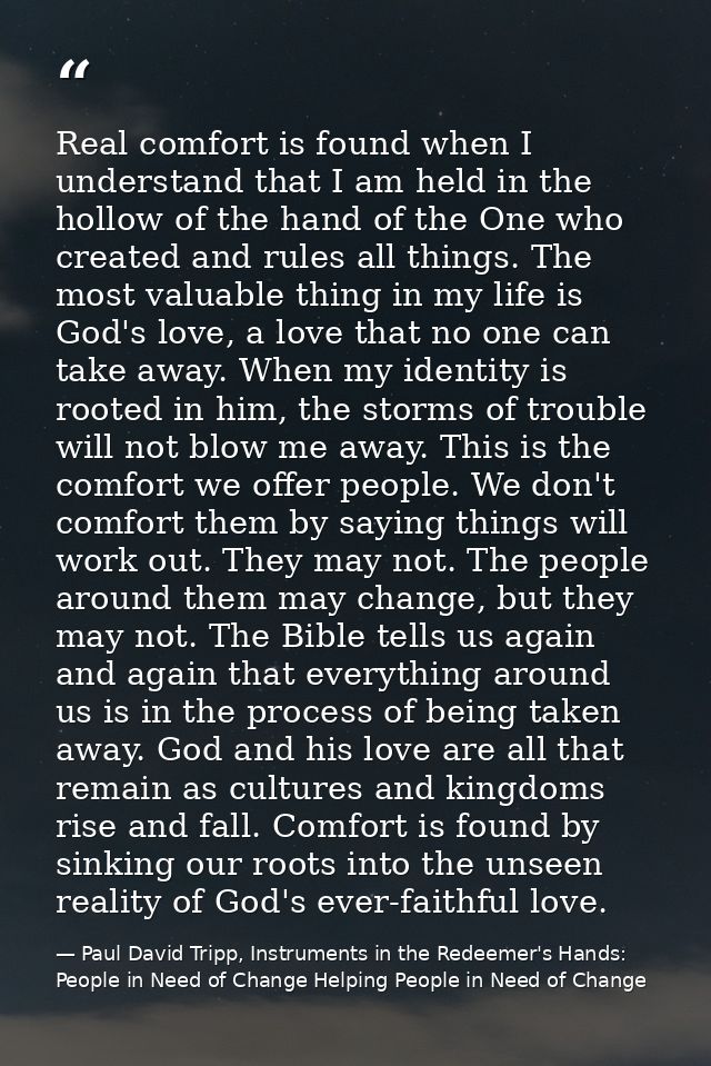 Real comfort is found when I understand that I am held in the hollow of the hand of the One who created and rules all th — Paul David Tripp, Instruments in the Redeemer's Hands: People in Need of Change Helping People in Need of Change