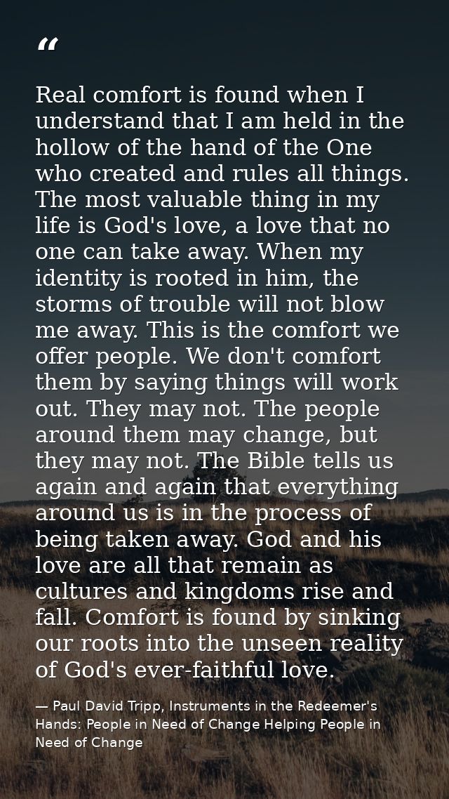 Real comfort is found when I understand that I am held in the hollow of the hand of the One who created and rules all th — Paul David Tripp, Instruments in the Redeemer's Hands: People in Need of Change Helping People in Need of Change