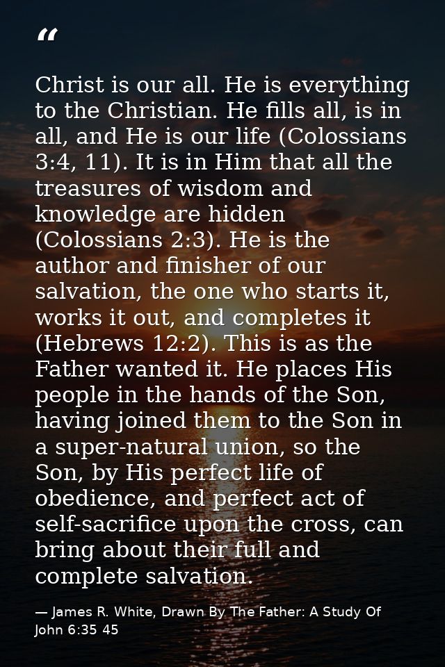 Christ is our all. He is everything to the Christian. He fills all, is in all, and He is our life (Colossians 3:4, 11).  — James R. White, Drawn By The Father: A Study Of John 6:35 45