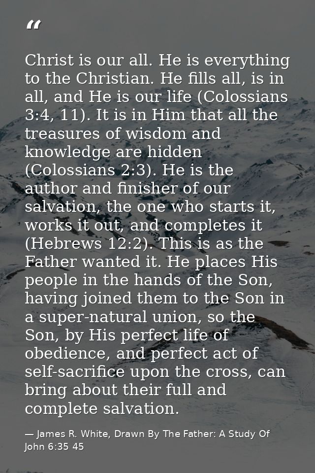 Christ is our all. He is everything to the Christian. He fills all, is in all, and He is our life (Colossians 3:4, 11).  — James R. White, Drawn By The Father: A Study Of John 6:35 45